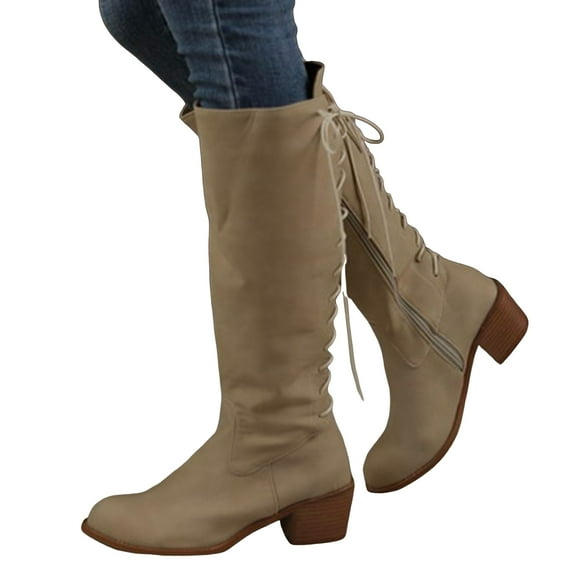 Rokment Knee High Boots for Women with Back Strappy 2025 Vintage Fall Winter Chunky Mid Heel Zip up Wide Calf Tall Riding Boots Beige Size 6.5