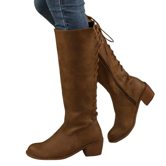 Rokment Knee High Boots for Women with Back Strappy 2025 Vintage Fall Winter Chunky Mid Heel Zip up Wide Calf Tall Riding Boots Brown Size 7