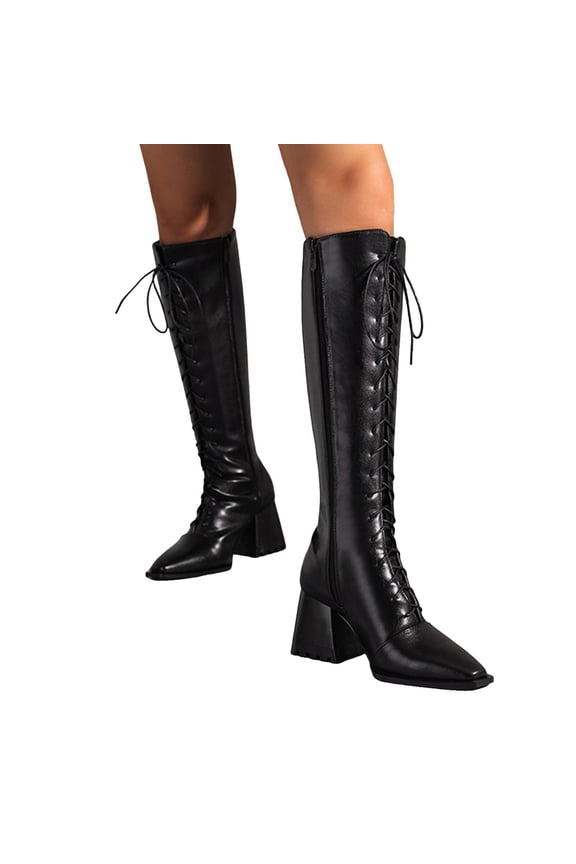 Knee High Combat Dress Boots for Women 2025 Fall Winter Vintage Fashion Leather Pointed Toe Chunky Block High Heel Lace up Tall Riding Boots Black Size 6