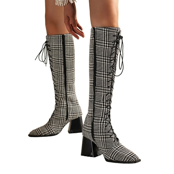 Rokment Knee High Combat Dress Boots for Women 2025 Fall Winter Vintage Fashion Leather Pointed Toe Chunky Block High Heel Lace up Tall Riding Boots Grey Size 9