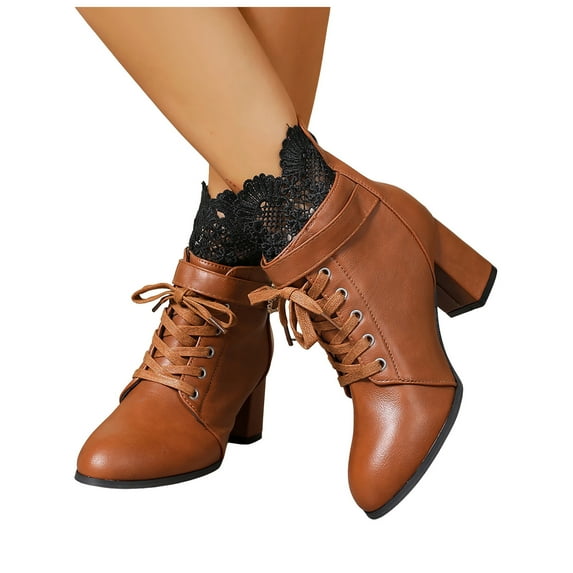 Rokment Lace High Heels Combat Boots for Women Ladies Winter Spring Vintage Leather Buckles Pointed Toe Dress Pumps Ankle Booties Brown Size 6