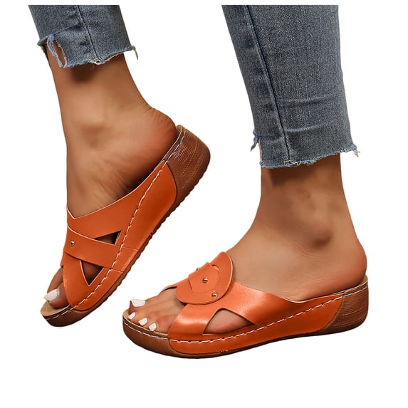 Rokment Ladies Orthopedic Wedges Slip on Sandals for Women Beach Summer Trendy Studded Leather Orthotic Platform Chunky Mid Heels Walking Dress Slides Red Size 9