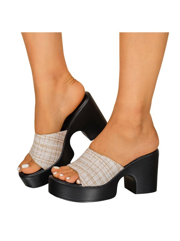 Ladies Plaid Platform Slip on Backless Dress Sandals Fashion Casual Checkered Wedge Chunky Block Heels Dressy Pumps for Woman 2026 Summer