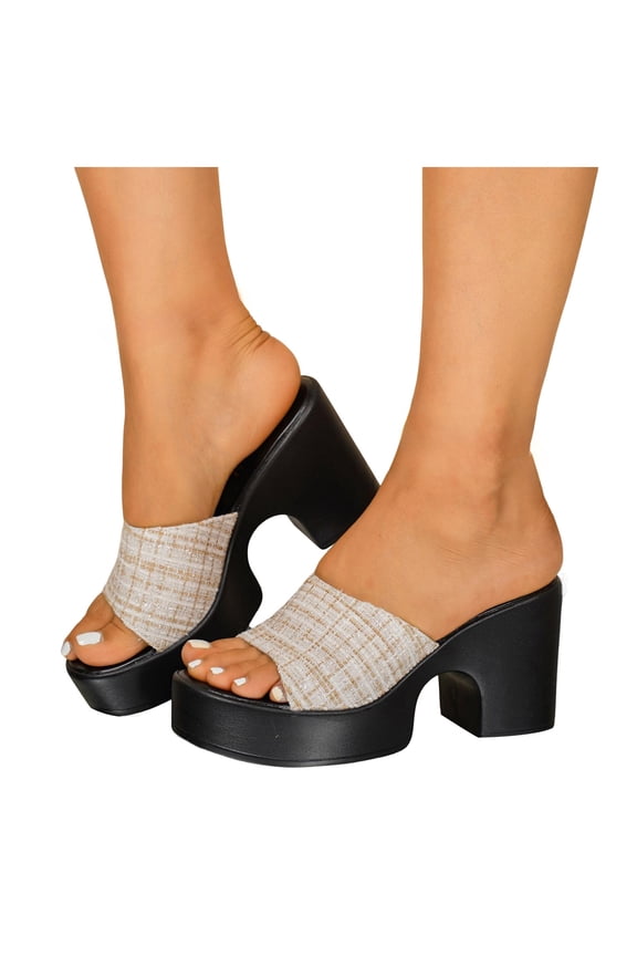 Ladies Plaid Platform Slip on Backless Dress Sandals Fashion Casual Checkered Wedge Chunky Block Heels Dressy Pumps for Woman 2026 Summer