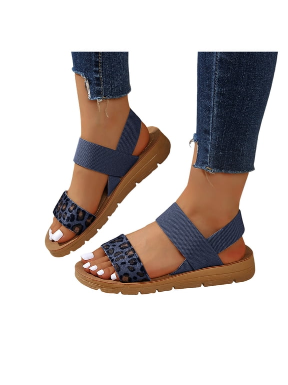 Leopard Orthopedic Platform Wedge Sandals for Women 2026 Trendy Casual Leather Elastic Ankle Strap Dress Slip on Comfortable Walking Slingback Summer Shoes Blue Size 9