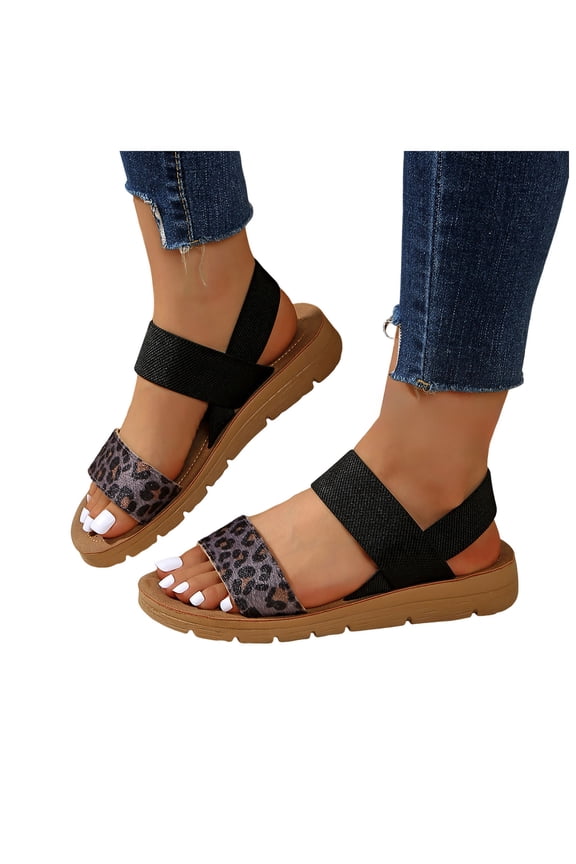 Leopard Orthopedic Platform Wedge Sandals for Women 2026 Trendy Casual Leather Elastic Ankle Strap Dress Slip on Comfortable Walking Slingback Summer Shoes Black Size 9