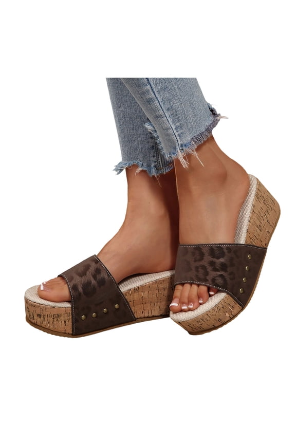 Leopard Platform Slip on Dress Sandals for Women Trendy Leather Studded Open Toe Chunky Wedge High Heels Beach Casual Comfortable Walking Slippers Vacation Brown Size 6.5