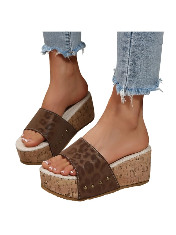 Leopard Platform Slip on Dress Sandals for Women Trendy Leather Studded Open Toe Chunky Wedge High Heels Beach Casual Comfortable Walking Slippers Vacation Coffee Size 8