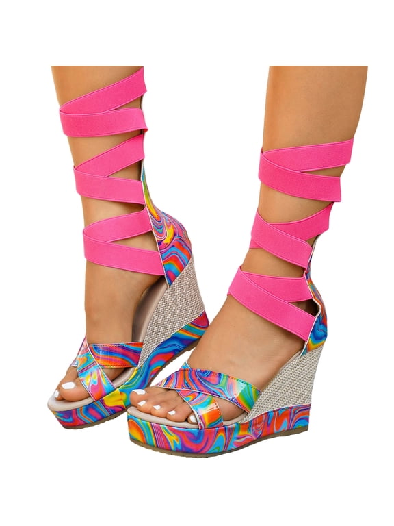Leopard Platform Wedge Heeled Strappy Sandals for Women 2026 Trendy Casual Elastic Mid Calf Band Espadrilles Chunky Extra Heels Dress Summer Shoes with Back Zipper Pink Size 6
