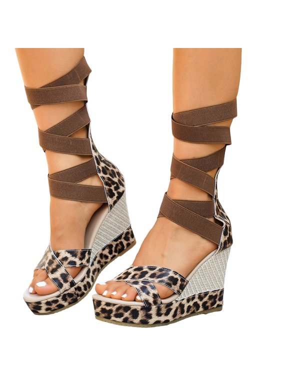 Leopard Platform Wedge Heeled Strappy Sandals for Women 2026 Trendy Casual Elastic Mid Calf Band Espadrilles Chunky Extra Heels Dress Summer Shoes with Back Zipper Brown Size 7.5