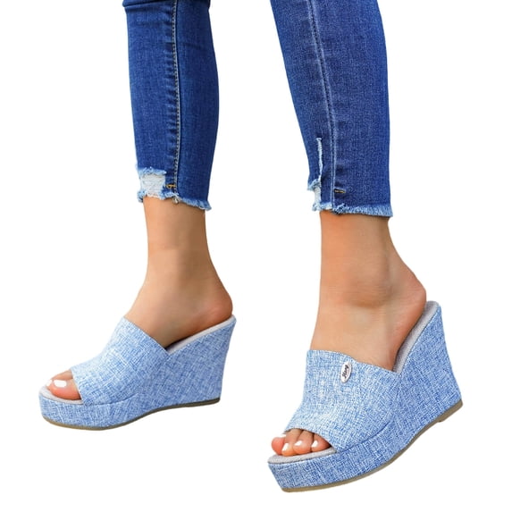 Rokment Linen Wedges Dress Slides Sandals for Women Beach Breathable Cotton Fabric Open Toe Platform Extra High Heels Fashion Casual Summer Espadrilles Heeled Slip on Light Blue Size 7.5