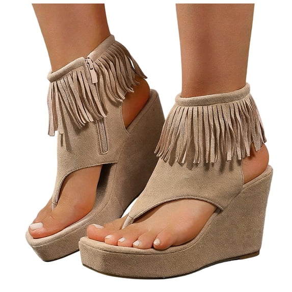 Rokment Long Fringed Platform Wedge Flip Flops for Women 2026 Boho Beach Casual Suede Square Toe Chunky Heels Dressy Sandals Summer Dress Ankle Boots with Zipper Khaki Size 7.5