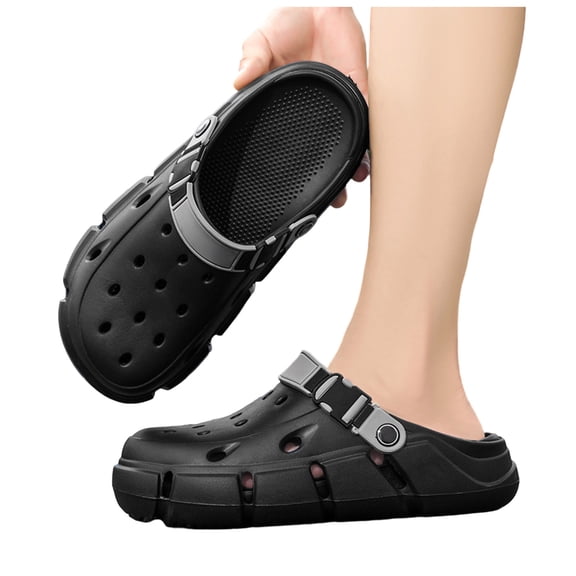 Rokment Men's Chunky Slip on Work Clogs with Back Strap Quick-Dry Hollow Breathable EVA Sandals Chef Nurse Comfortable Slip on Cushion Slides Slippers Indoor Outdoor Garden Shoes Black Size 8