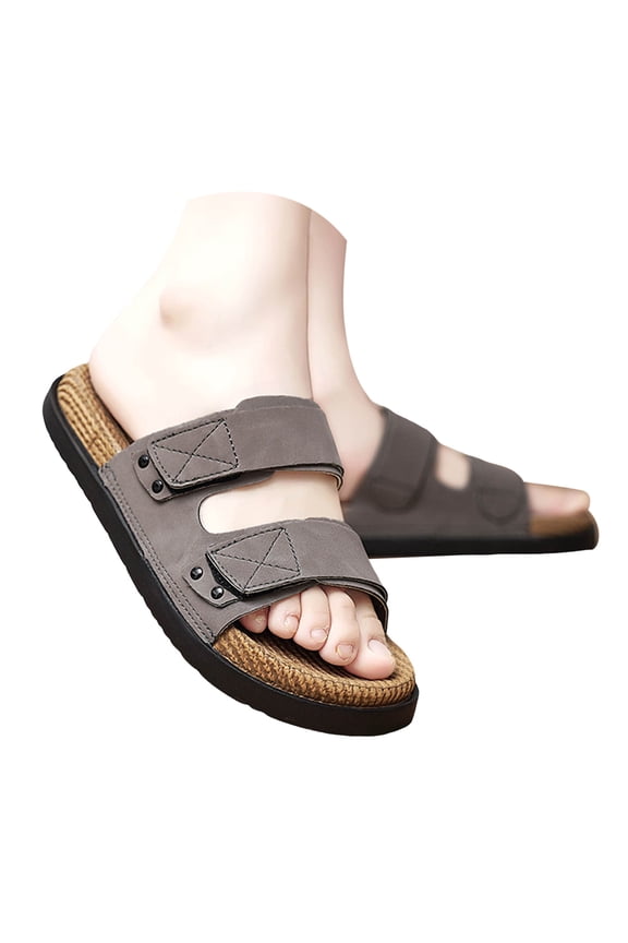 Mens Beach Slides Sandals 2026 Summer Fashion Casual Leather Adjustable Straps Platform Memory Foam Slippers for Indoor and Outdoor Wide Width Grey Size 10