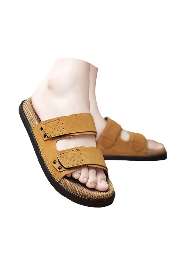 Mens Beach Slides Sandals 2026 Summer Fashion Casual Leather Adjustable Straps Platform Memory Foam Slippers for Indoor and Outdoor Wide Width Yellow Size 9