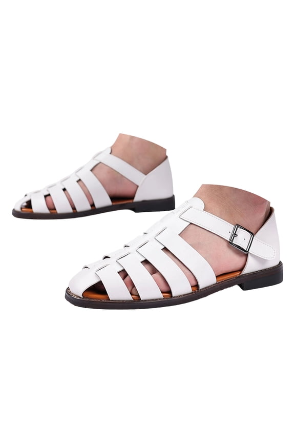 Mens Fisherman Gladiator Sandals Beach Casual Openwork Leather Closed Toe Ankle Strap Low Heels Comfortable Walking Dress Shoes Summer Fall White Size 7.5