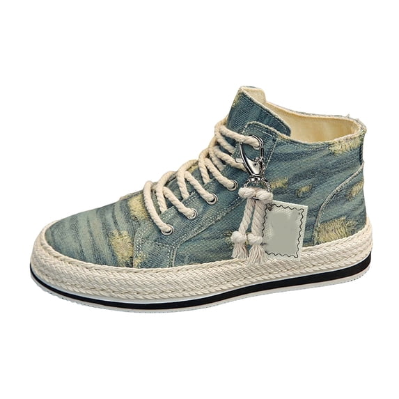 Rokment Mens High Top Fashion Sneakers Retro Streetwear Casual Ripped Denim Lace up Platform Canvas Walking Flat Tennis Shoes 2026 Light Blue Size 10
