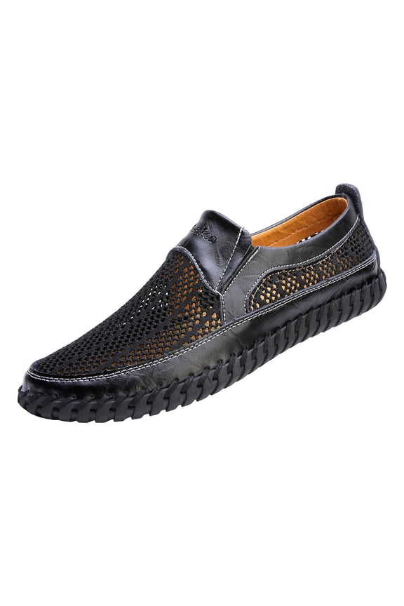 Mens Mesh Stitching Leather Patchwork Oxfords Slip on Penny Loafers Summer Fall Breathable Casual Closed Toe Sandals Walking Driving Flat Dress Shoes Black Size 7