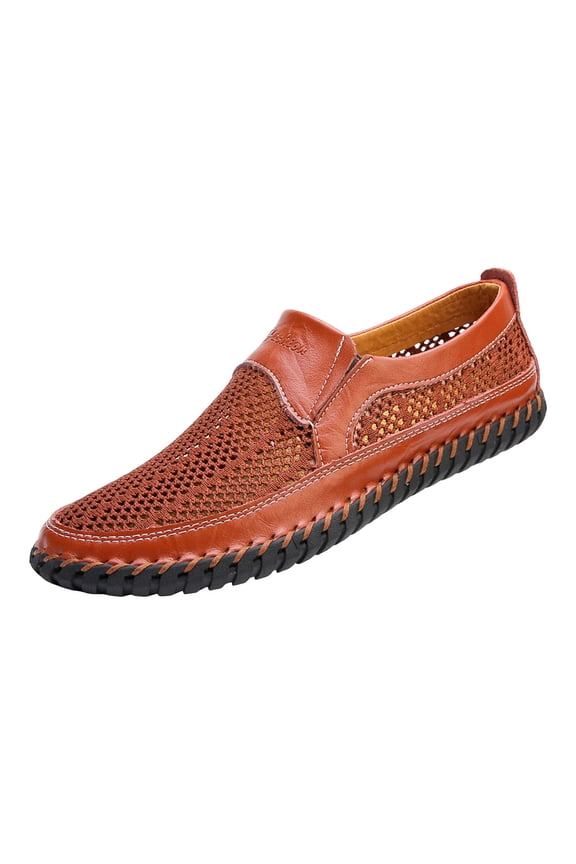 Mens Mesh Stitching Leather Patchwork Oxfords Slip on Penny Loafers Summer Fall Breathable Casual Closed Toe Sandals Walking Driving Flat Dress Shoes Brown Size 12
