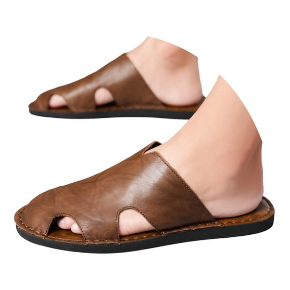 Rokment Mens Mules Vintage Casual Leather Hollow out Closed Toe Flat Clogs Backless Walking Slip on Sandals Brown Size 9.5
