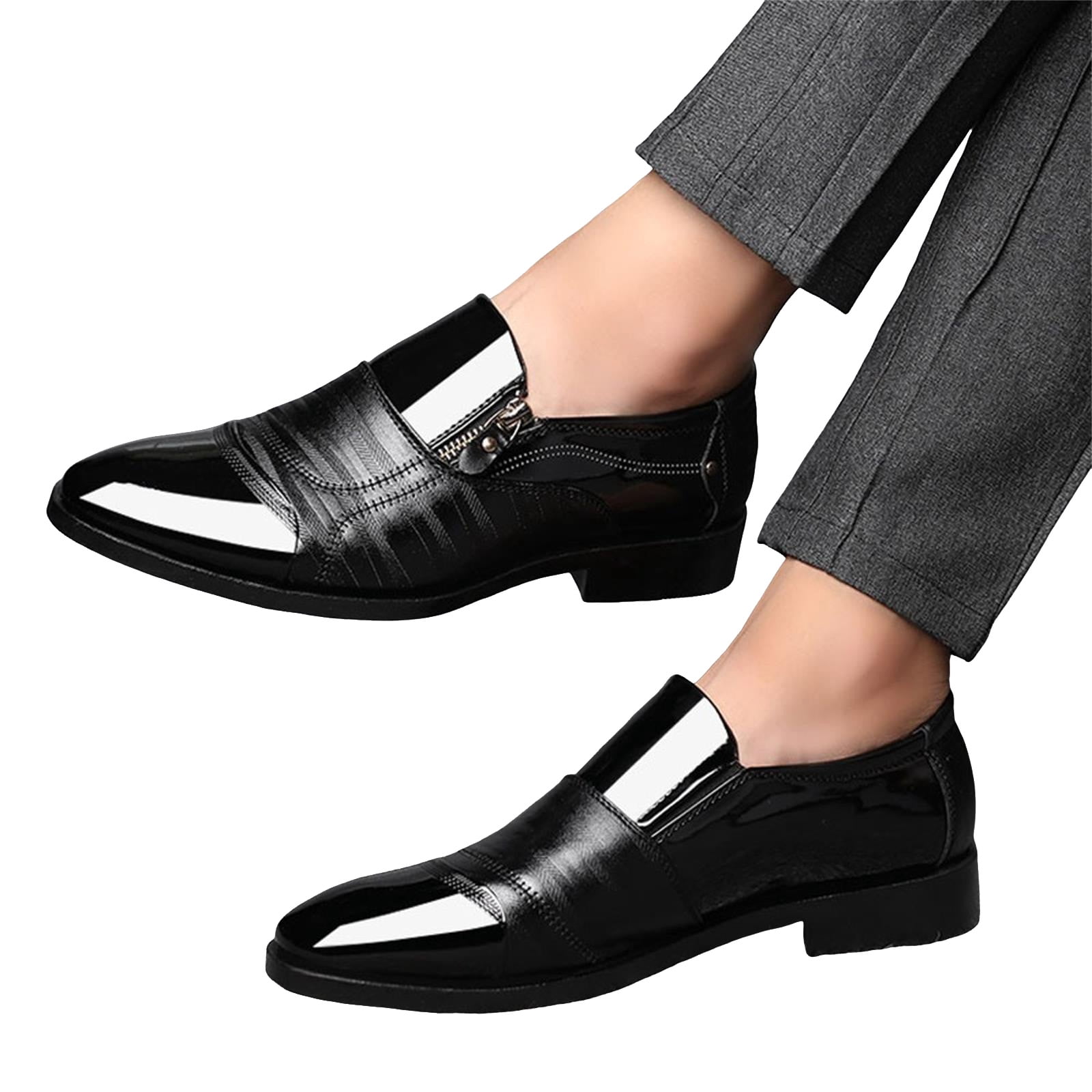 Rokment Mens Oxfords 2026 Spring Fall Leather Zip Up Pointed Toe Banquet Tuxedo Wingtip Dress Shoes for Business Office Bridegroom Wedding Black Size