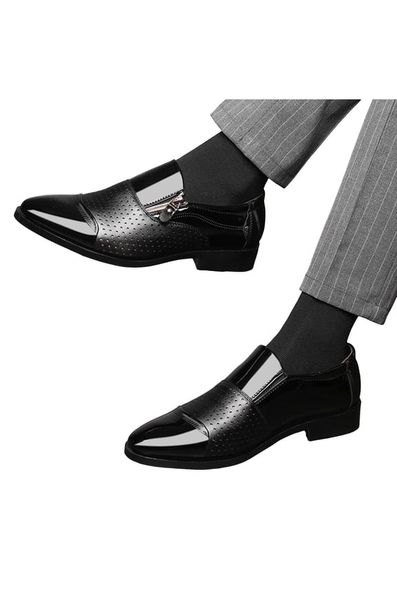 Mens Oxfords 2026 Spring Fall Leather Zip up Pointed Toe Banquet Tuxedo Wingtip Dress Shoes for Business Office Bridegroom Wedding Dark Gray Size 10.5