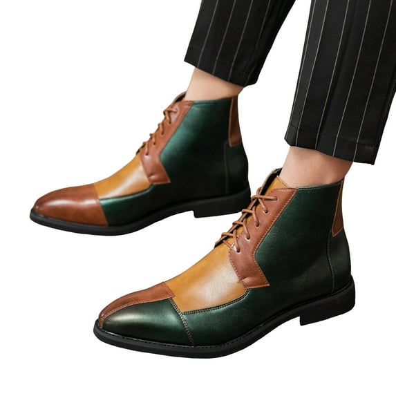 Rokment Mens Oxfords Dress Shoes Ankle Booties Vintage Fashion Color Block Leather Pointed Toe Low Heel Lace up Casual Business Dressy Short Boots Fall Winter Green Size 8