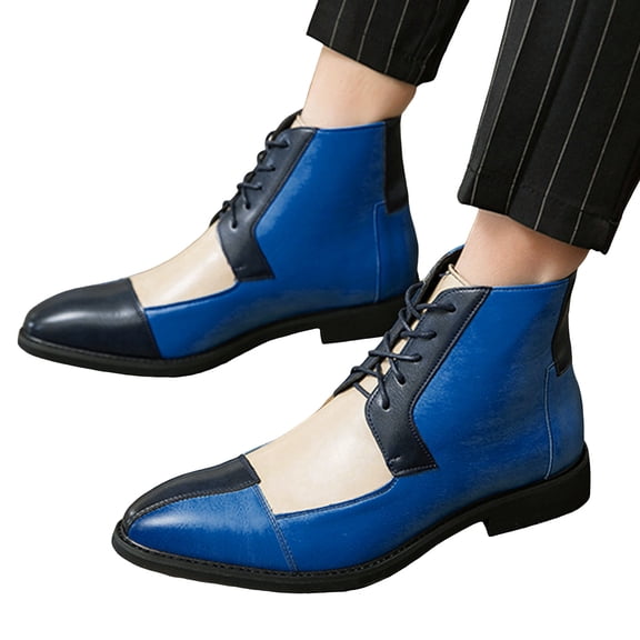 Rokment Mens Oxfords Dress Shoes Ankle Booties Vintage Fashion Color Block Leather Pointed Toe Low Heel Lace up Casual Business Dressy Short Boots Fall Winter Blue Size 7.5