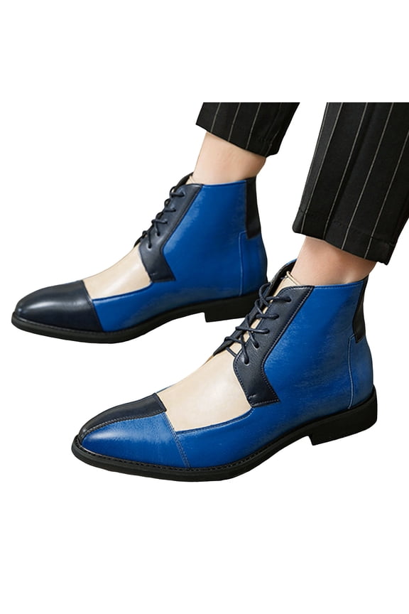 Mens Oxfords Dress Shoes Ankle Booties Vintage Fashion Color Block Leather Pointed Toe Low Heel Lace up Casual Business Dressy Short Boots Fall Winter Blue Size 7.5
