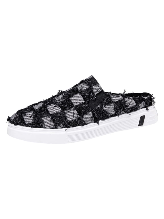 Mens Rip Checkered Denim Clogs and Mules Open Back Fashion Sneakers Summer Fall Fashion Casual Canvas Comfort Walking Slip on Loafers Flat Shoes Black Size 7.5