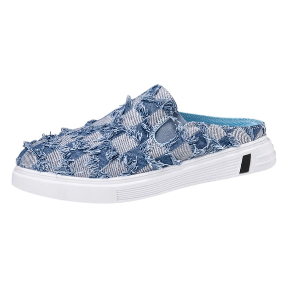 Rokment Mens Rip Checkered Denim Clogs and Mules Open Back Fashion Sneakers Summer Fall Fashion Casual Canvas Comfort Walking Slip on Loafers Flat Shoes Blue Size 8.5