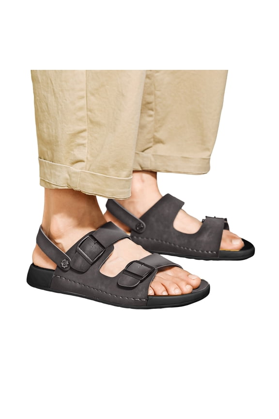 Mens Sandals with Convertible Back Strap Classic Vintage Casual Double Buckles Leather Orthopedic Beach Slides Summer Shoes Black Size 8.5