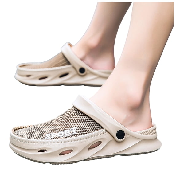 Rokment Mesh EVA Patchwork Wide Feet Clogs Garden Shoes for Men with Back Straps Breathable Waterproof Beach Slides Summer Casual Walking Slippers Water Sandals Khaki Size 7