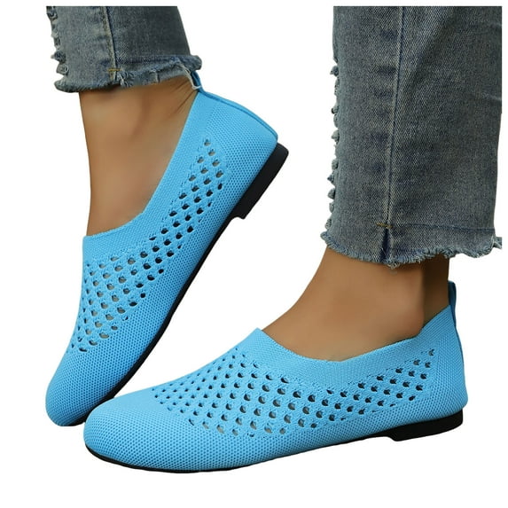 Rokment Mesh Slip on Penny Loafers Walking Shoes for Women 2026 Spring Summer Breathable Comfortable Hollow out Casual Driving Dress Flat Beach Travel Sky Blue Size 6.5