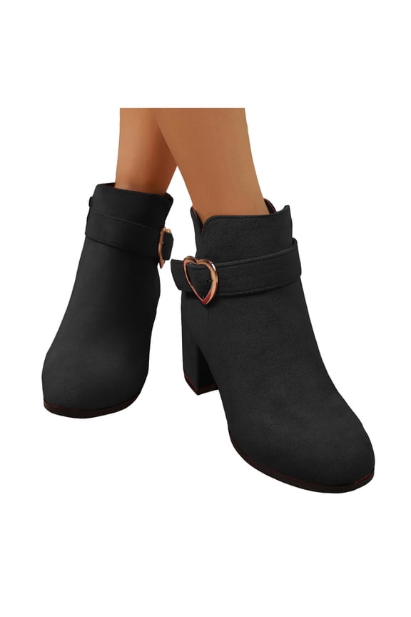 Metal Heart Buckles Block High Heels Dress Boots for Women Bride Wedding Solid Suede Round Toe Dressy Heeled Short Ankle Booties Valentines Day