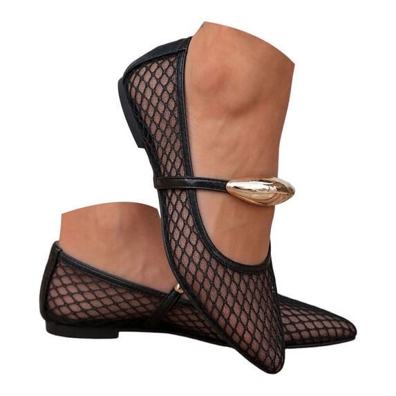 Rokment Metallic Buckles Lace Mesh Ballet Flat Dress Shoes for Women Ladies Summer Fall Sexy Casual Fishnet Pointed Toe Low Heels Bridal Loafers Black Size 7