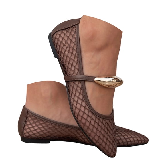 Rokment Metallic Buckles Lace Mesh Ballet Flat Dress Shoes for Women Ladies Summer Fall Sexy Casual Fishnet Pointed Toe Low Heels Bridal Loafers Brown Size 7.5