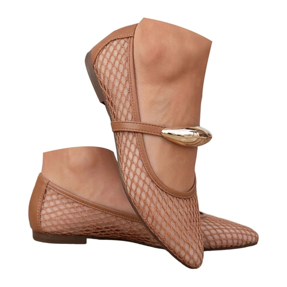 Rokment Metallic Buckles Lace Mesh Ballet Flat Dress Shoes for Women Ladies Summer Fall Sexy Casual Fishnet Pointed Toe Low Heels Bridal Loafers Khaki Size 8.5