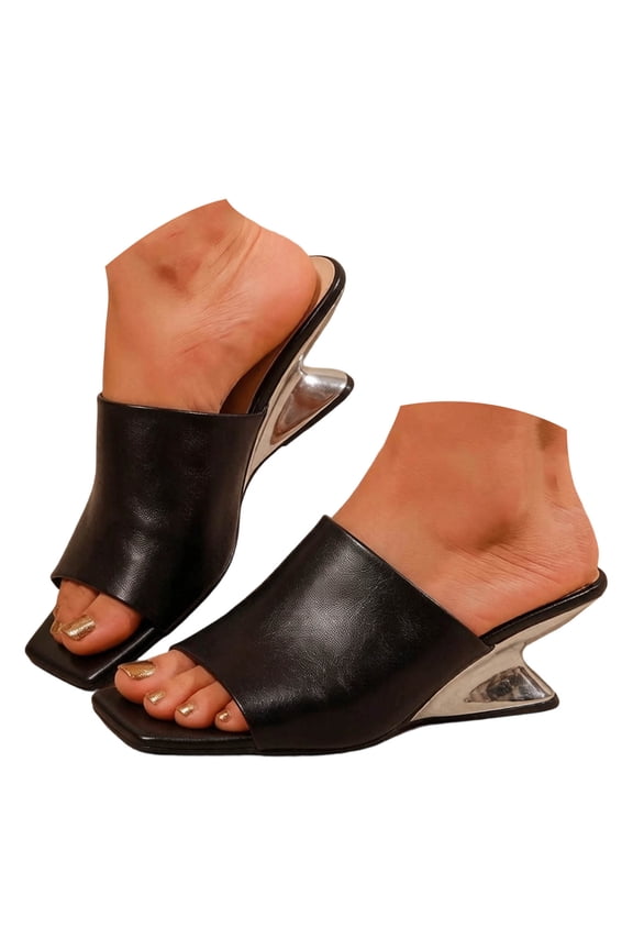 Metallic Geometric Wedge High Heels Square Toe Mules for Women Ladies 2026 Fashion Casual Leather Dress Slip on Backless Slides Sandals Summer Black Size 7