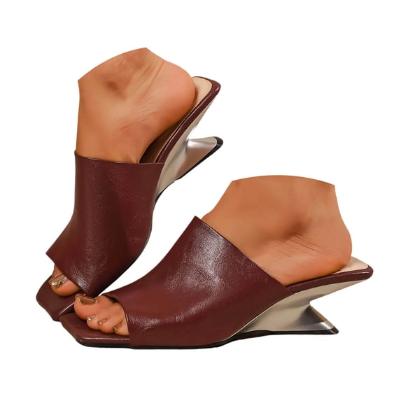 Rokment Metallic Geometric Wedge High Heels Square Toe Mules for Women Ladies 2026 Fashion Casual Leather Dress Slip on Backless Slides Sandals Summer Wine Size 8