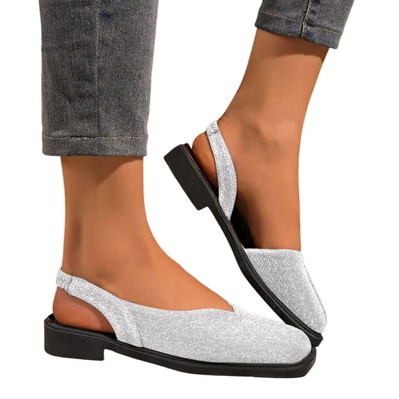 Rokment Metallic Glitter Closed Toe Mules Slingback Dressy Sandals for Women Stylish Casual Square-Toe Chunky Low Heels Slip on Walking Loafers Summer Fall Flat Dress Shoes Silver Size 9
