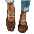 thumbnail image 1 of Rokment Metallic Gold Buckles Fishnet Ballet Flat Dress Shoes for Women Ladies Fashion Casual Mesh Square Toe Low Heels Business Office Work Slip on Loafers Summer Fall Brown Size 8, 1 of 7