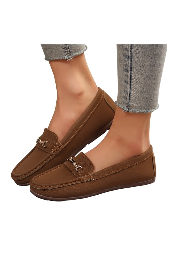 Metallic Gold Slip on Penny Loafers for Women Walking Shoes Trendy Comfy Soft Leather Suede Driving Oxfords Work Dress Shoes All Season Brown Size 9