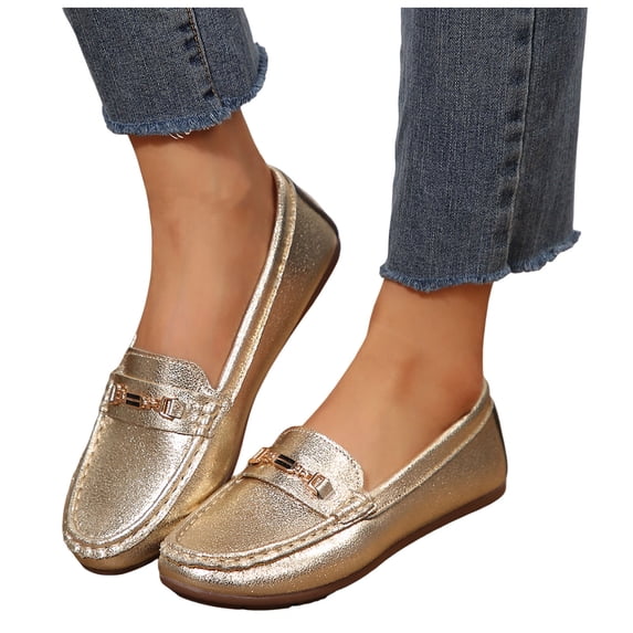 Rokment Metallic Gold Slip on Penny Loafers for Women Walking Shoes Trendy Comfy Soft Leather Suede Driving Oxfords Work Dress Shoes All Season Gold Size 7.5