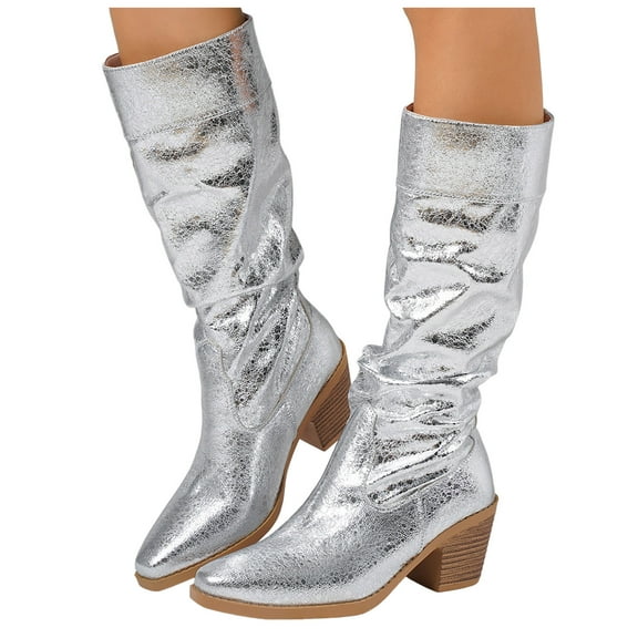 Rokment Metallic Slouchy Knee High Boots for Women Fashion Casual Leather Pointed Toe Chunky Stackable Heel Mid Calf Dress Tall Boots Fall Winter Silver Size 8.5