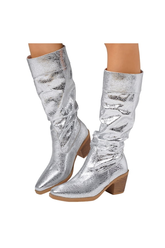 Metallic Slouchy Knee High Boots for Women Fashion Casual Leather Pointed Toe Chunky Stackable Heel Mid Calf Dress Tall Boots Fall Winter Silver Size 6.5