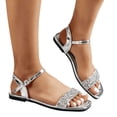 thumbnail image 1 of Rokment Metallic Sparkly Rhinestones Dressy Sandals for Women Ladies 2026 Delicate Bling Square Toe Flat Ankle Strap Low Heels Bride Wedding Low Heel Dress Summer Shoes Beach Silver Size 9, 1 of 7