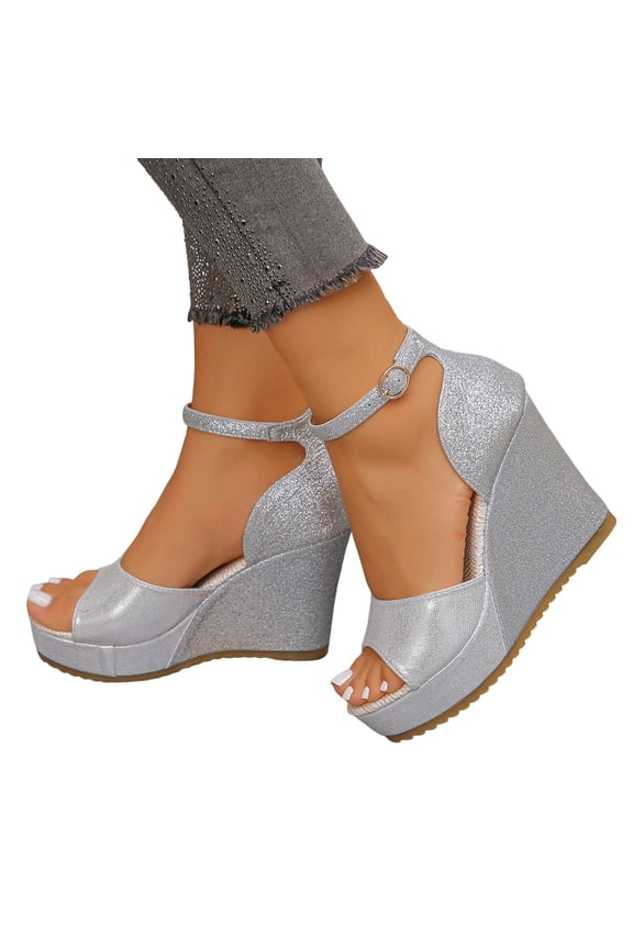 Metallic Sparkly Sequin Extra Wedge Heels Dressy Sandals for Women Ladies Elegant Casual Peep Toe Ankle Strap Platform Chunky Heeled Summer Shoes Silver Size 6.5