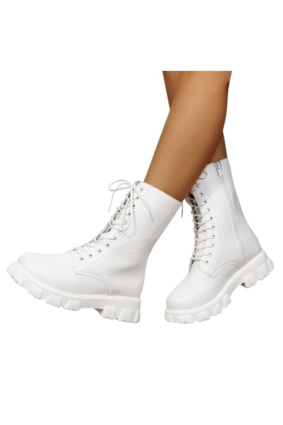 Mid Calf Combat Boots for Women Black White Leather Classic Leather Platform Chunky Riding Short Booties White Size 7.5