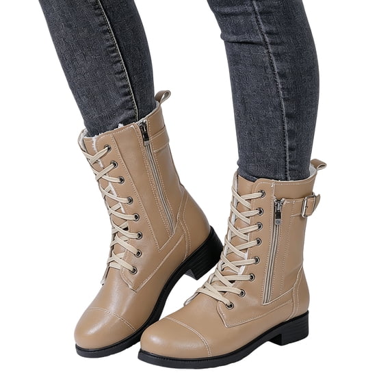 Rokment Mid Calf Winter Snow Boots for Women with Fleece Lined Warm Classic Casual Leather Zipper Buckles Chunky Low Heel Short Combat Riding Boots
